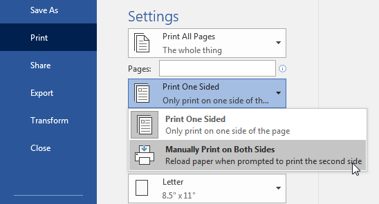 Instructions on how to print two-sided in Word
