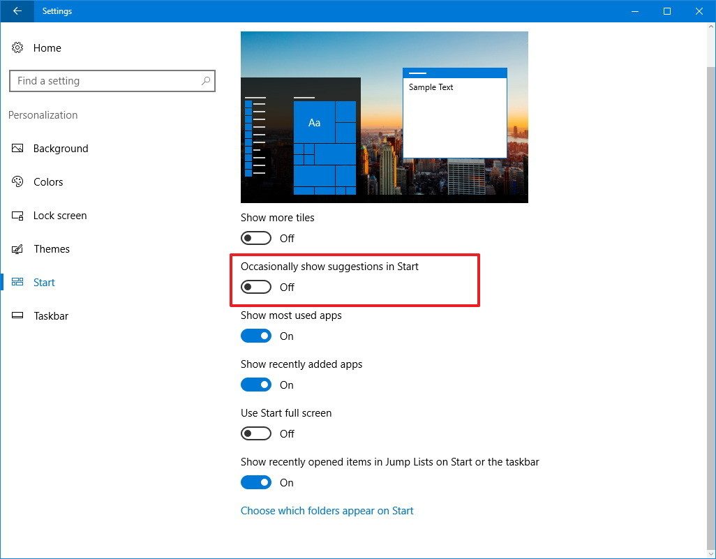 Tat optical high in start menu windows 10