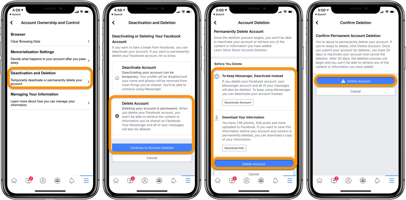 Summary of how to delete Facebook account on iPhone