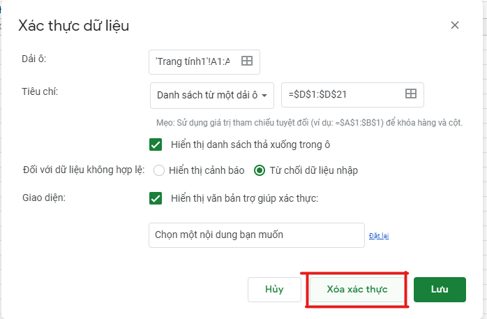 cách tạo vùng chọn trong google sheet 5