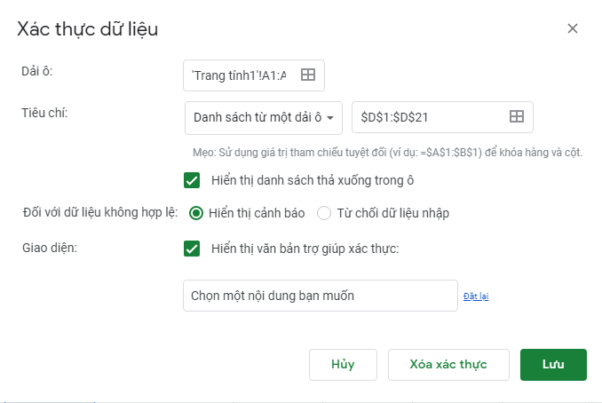 cách tạo vùng chọn trong google sheet 7