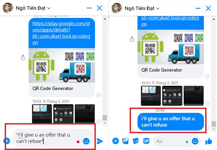 bằng dấu (_) để in nghiêng văn bản hoặc dấu (~) để gạch ngang văn bản muốn gửi.