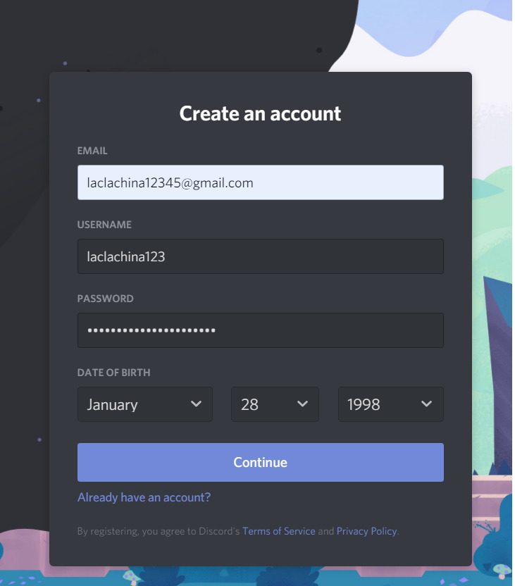 Instructions on how to register Discord