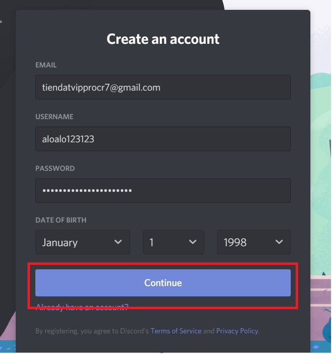 Instructions on how to register Discord