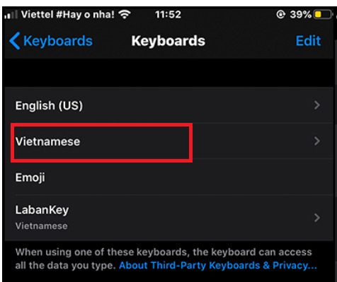 Install Vietnamese keyboard from Settings on iPhone