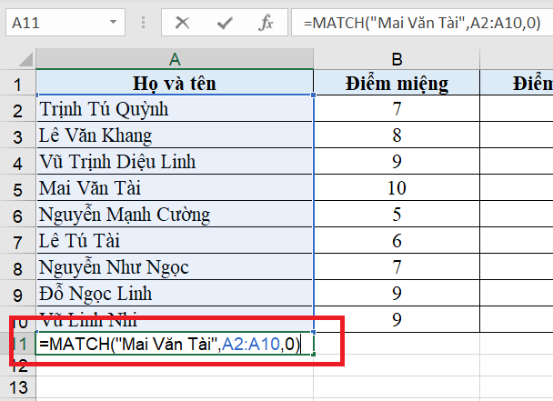 hàm MATCH trong Excel