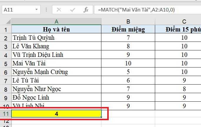 Hàm MATCH trong Excel