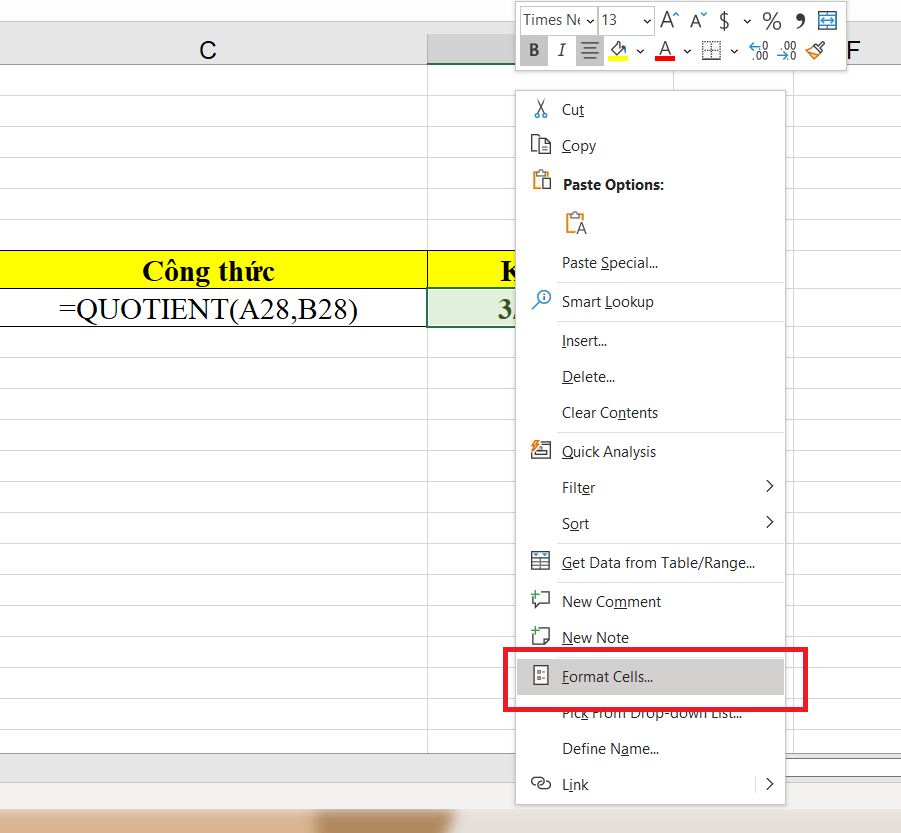 hàm chia trong Excel