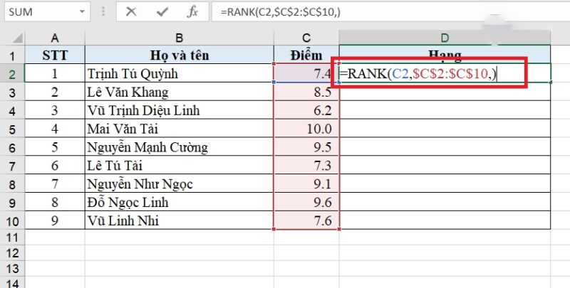 Xếp hạng bằng hàm RANK trong Excel cực đơn giản chỉ với 3 bước