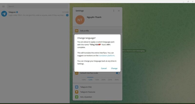 Cài tiếng Việt cho Telegram trên máy tính