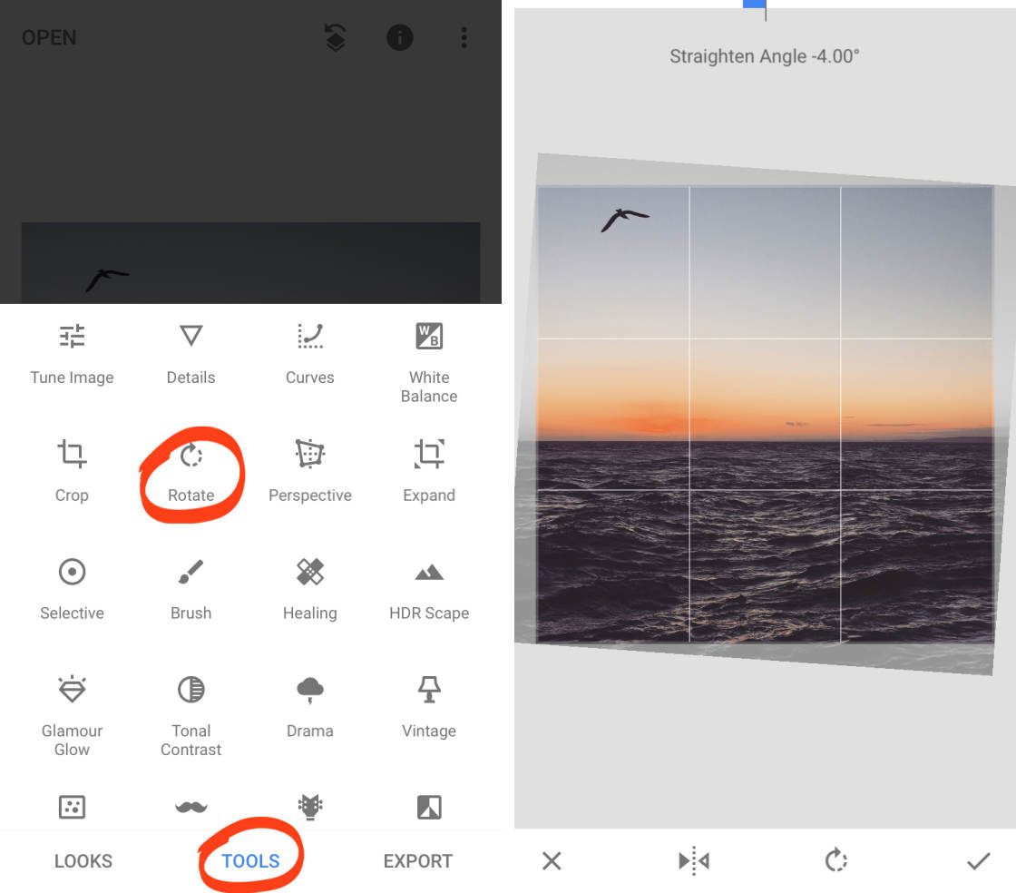 How to adjust photo angle with Snapseed