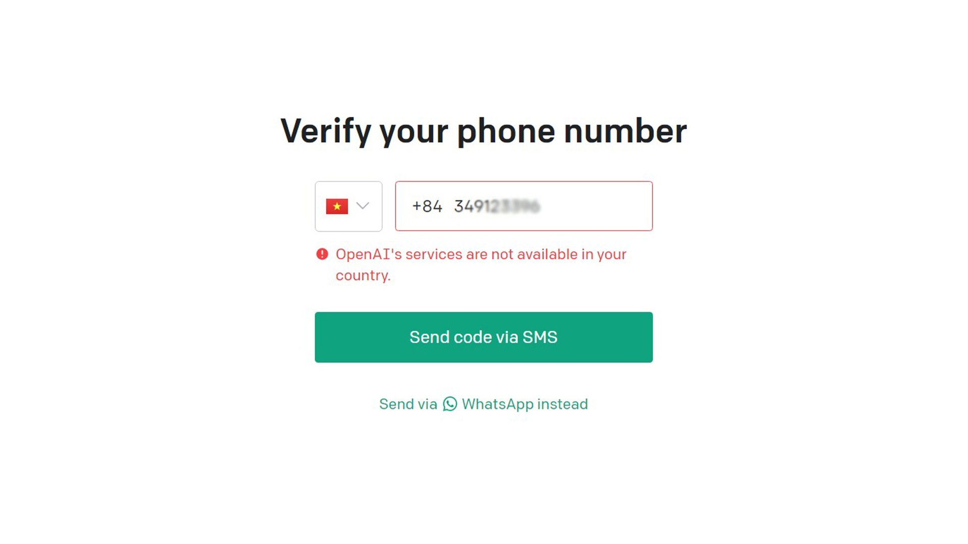 ChatGPT không khả dụng khi đăng ký nhận mã xác minh bằng số điện thoại tại Việt Nam