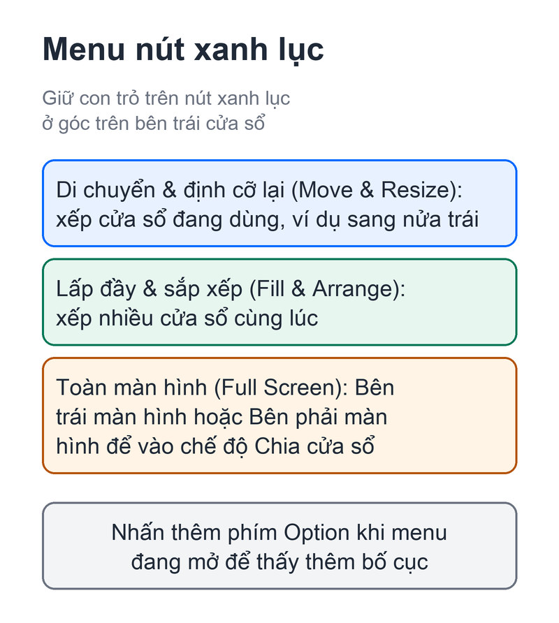 Cách chia đôi màn hình MacBook: kéo cửa sổ, phím tắt và Split View Sơ đồ ba nhóm lựa chọn trong menu nút xanh lục của cửa sổ trên macOS